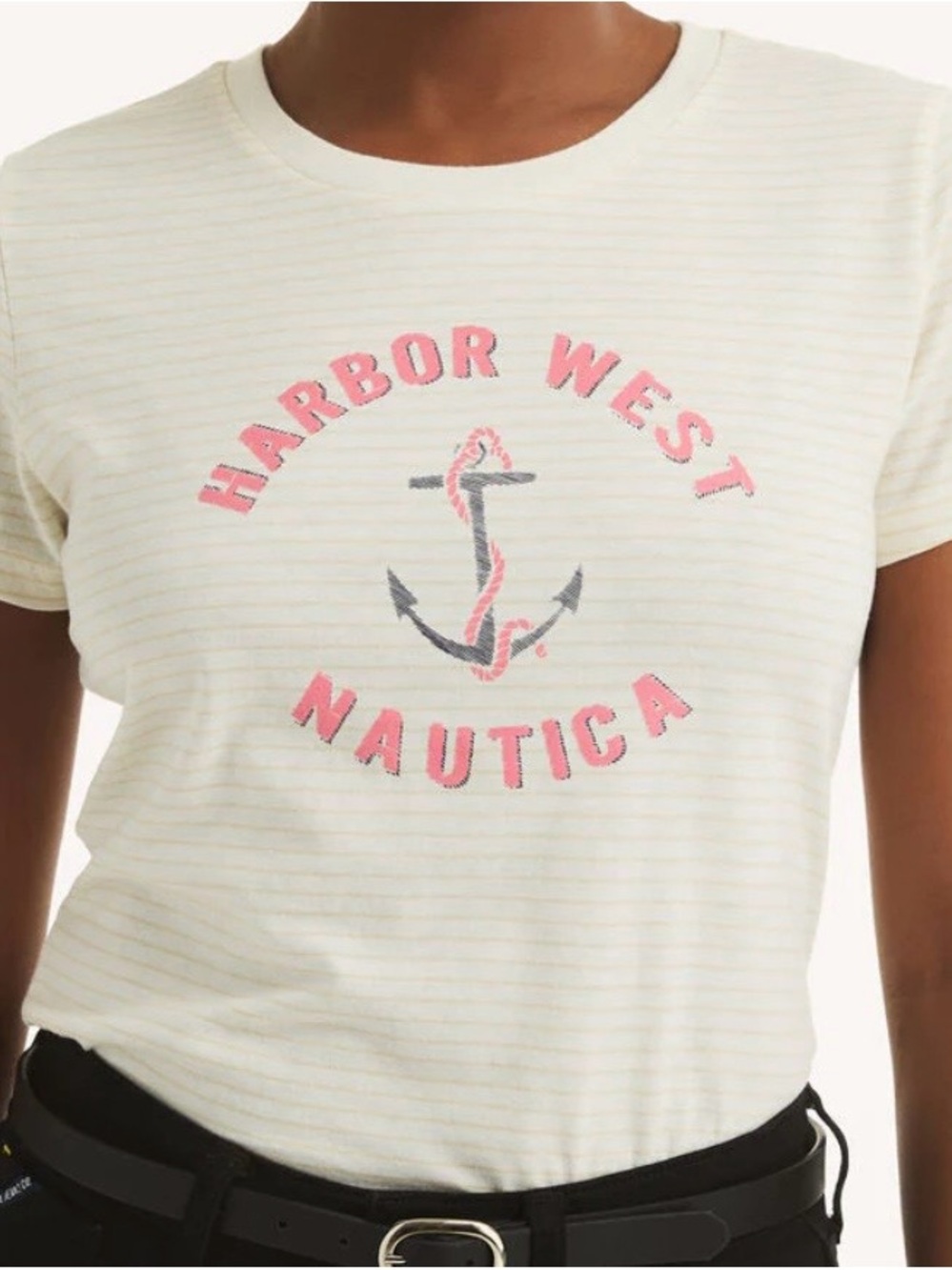 Nautica Cream Striped Tee with Pink Anchor Logo